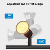 Adjustable and swivel design of a light fixture with labeled angles on a white background.